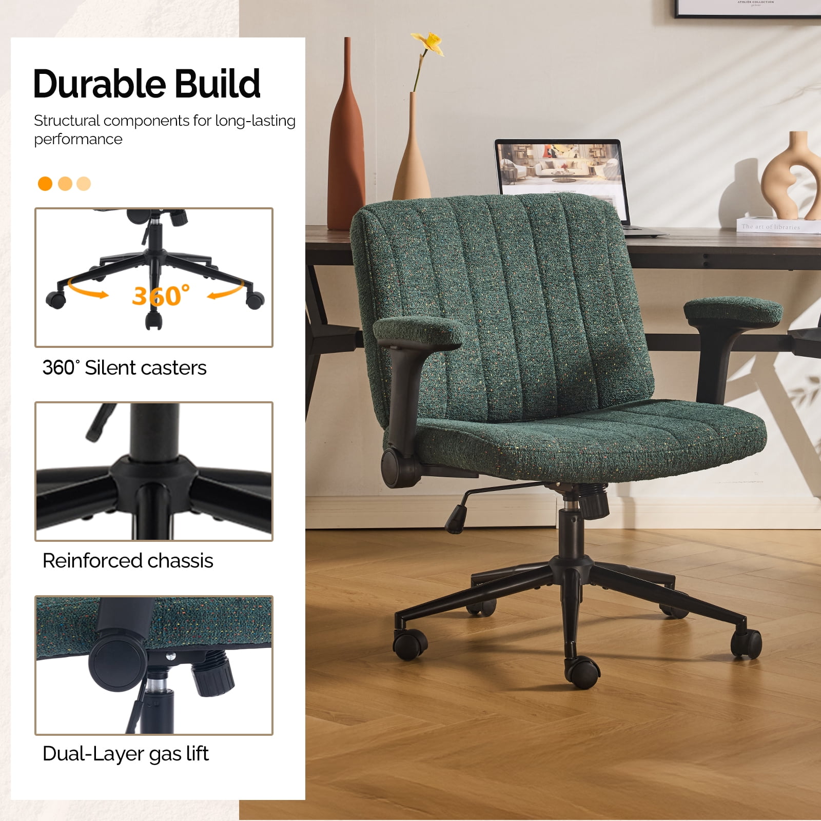 Ktaxon Office Chair, Flip-Top Armrest Desk Chair on Metal Star Base, Starry Chenille Vanity Chair with Adjustable Height & Swivel Wheels Green