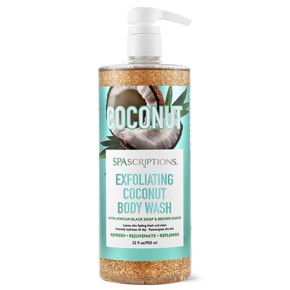 Spascriptions Gel de baño exfoliante de coco con jabón negro africano y azúcar moreno para refrescar y rejuvenecer 33 oz
