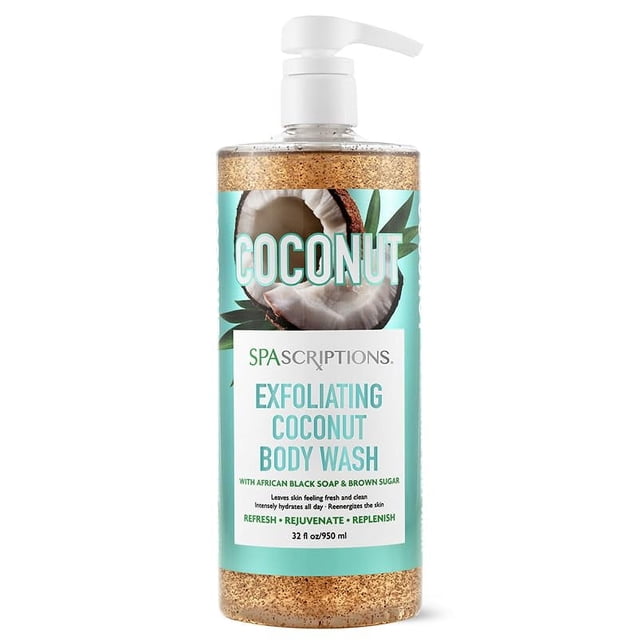 Spascriptions Gel de baño exfoliante de coco con jabón negro africano y azúcar moreno para refrescar y rejuvenecer 33 oz