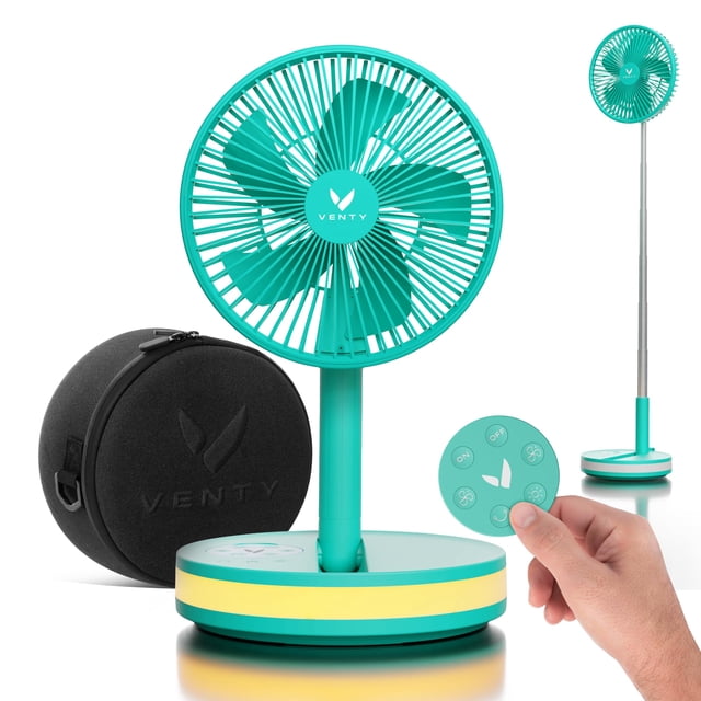 Ventilador portátil VENTY inalámbrico de 4 velocidades con LED y control remoto, color menta