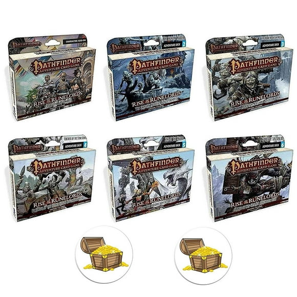 Pathfinder Ensemble de 6 Decks d'Extension Jeu de Cartes Aventure Rise of The Runelords Plus 2 Boutons de Coffre au Trésor