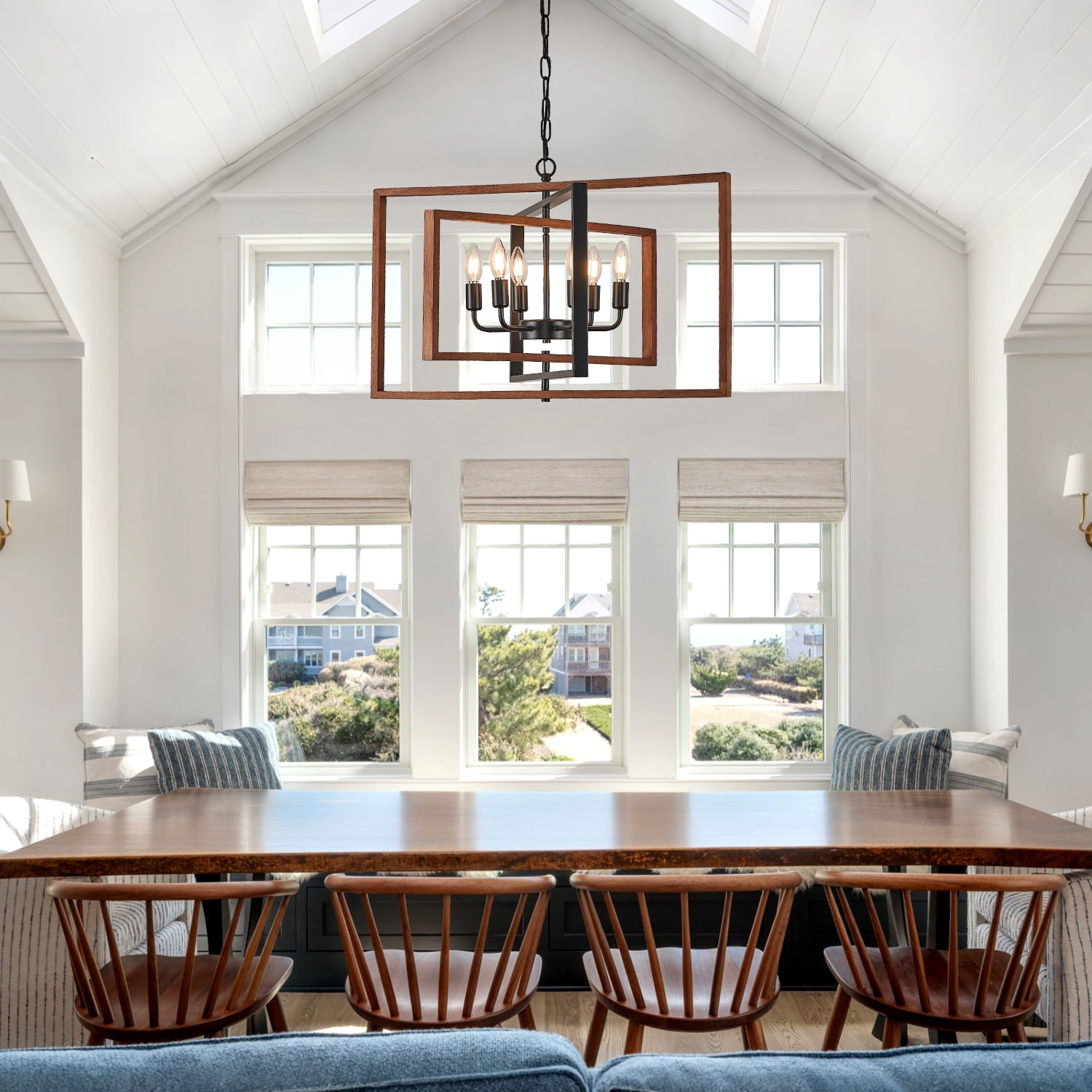 6-LightRustic Wood Chandelier 28" Geometric Farmhouse Wooden Pendant Light Fixtures