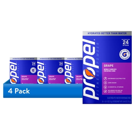 (4 pack) Propel Zero Sugar Grape, On the Go Packs, Electrolyte Powder Drink Mix, 0.11 oz, 24 Count packets