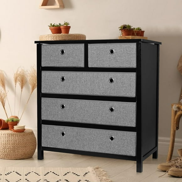 5 Drawer Dresser Storage Chest, Steel Frame and MDF Top Nightstand End Table Bedroom Storage Tower Closet Organizer with Removable Fabric Bins