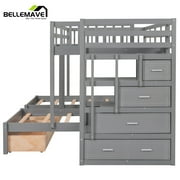 Bellemave Triple Bunk Bed with Stairs for 3, Wood Full over Twin & Twin 3 Bunk Bed with 6 Storage Drawers, Triple Bunk Bed for Teens Adults (Gray)