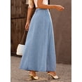 thumbnail image 3 of Womens Denim Midi Skirt High Waist Vintage Button Detail Color Block Woven Fabric Non Stretch Lightweight Summer Spring Autumn Blue Shades, 3 of 8