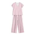thumbnail image 5 of Ohufall Women's Two Pieces Sets V Neck Short Sleeve Loose Tops + Wide Leg Pocket Lounge Pants Striped Sets, 5 of 5