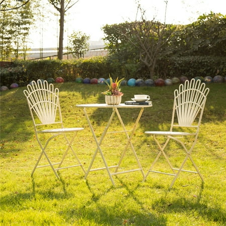 Vintage Salterini Patio Set Glitzhome Vintage Round Folding Metal Patio Table Set, 1 Table and 2 Chairs, Antique White ()