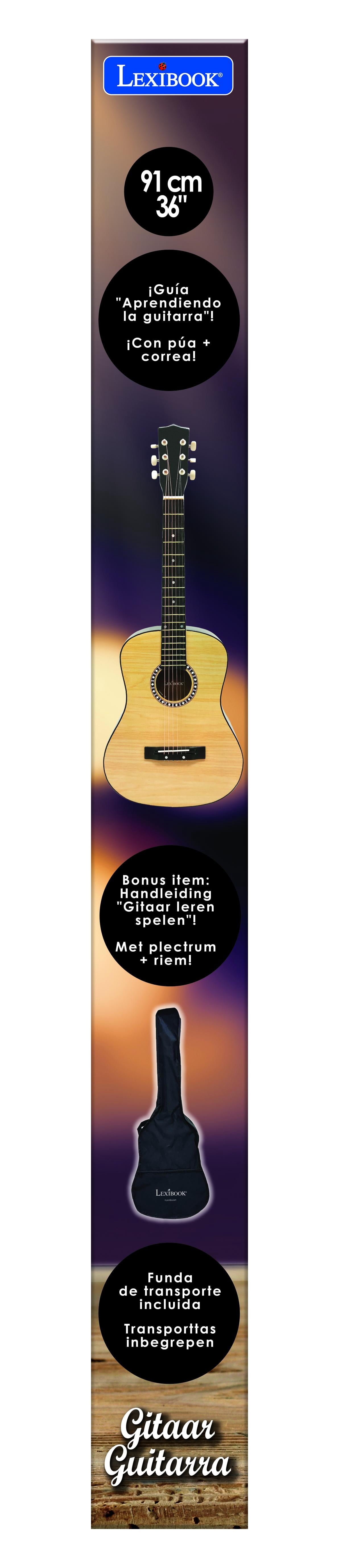 Lexibook Wooden Acoustic Guitar, 36'', 6 Nylon Strings, Carry Bag Included, Wood/Black