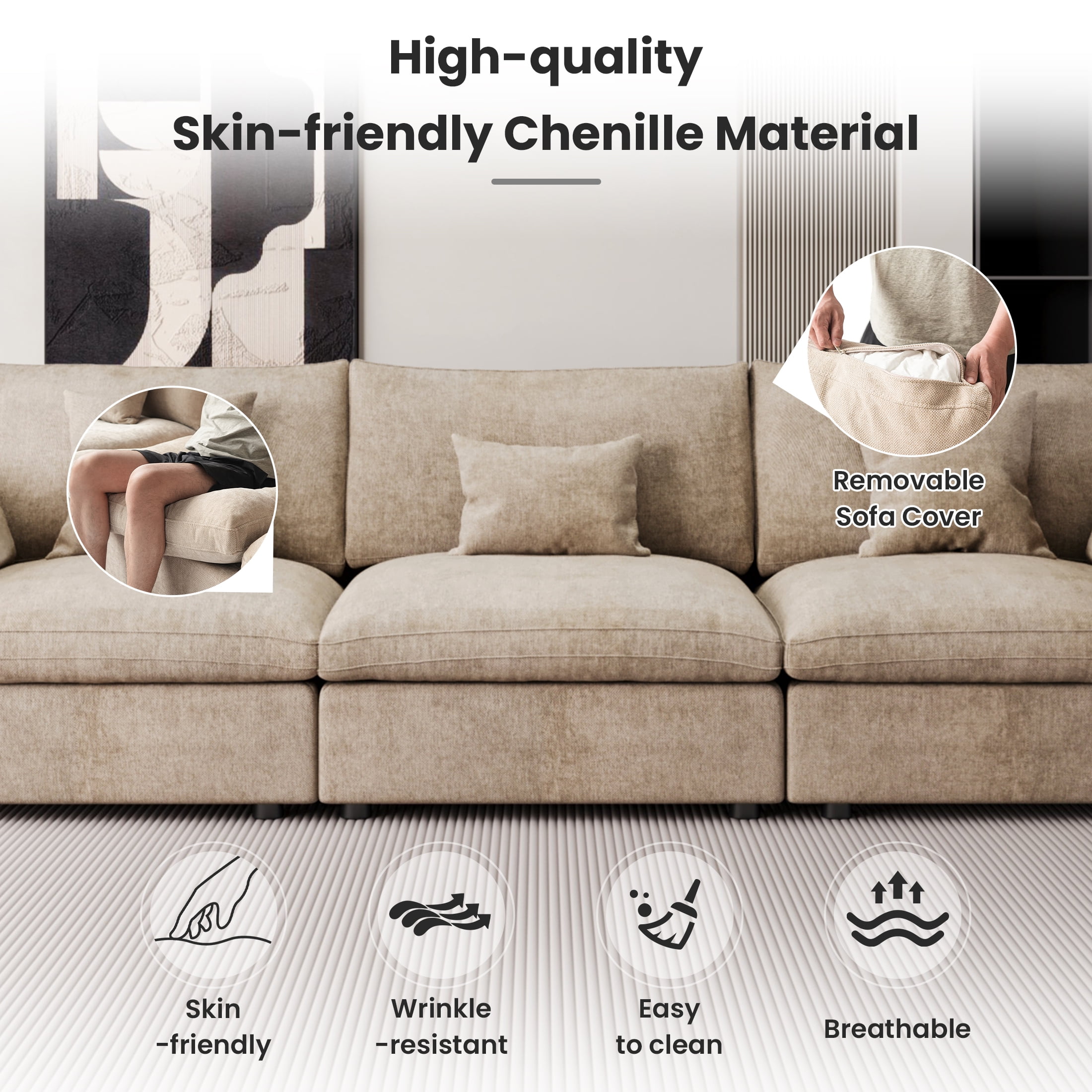 The Magic Home Modular Sofa & Sectional Sofa - U Shaped Deep Seat Cloud Couch in Soft Linen Blend Fabric,Perfect for Apartment & Small Space Living,4-seat Sofa with Two Ottomans,Khaki Couch