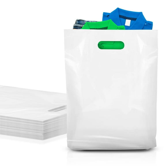White Die Cut Handle Plastic Bags, Gusseted Poly Merchandise, 1000 Count, 12 x 3 x 20 in