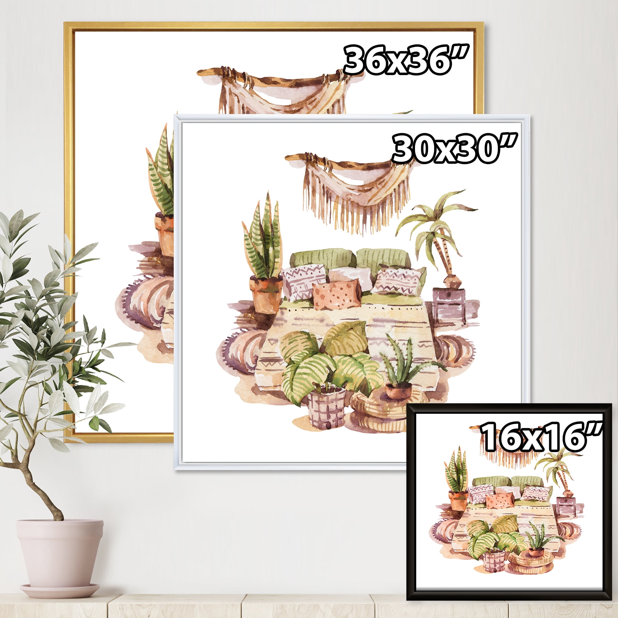 Designart 'Indoor House Plants Urban Jungle in Flowerpots IV' Traditional Framed Canvas Wall Art Print