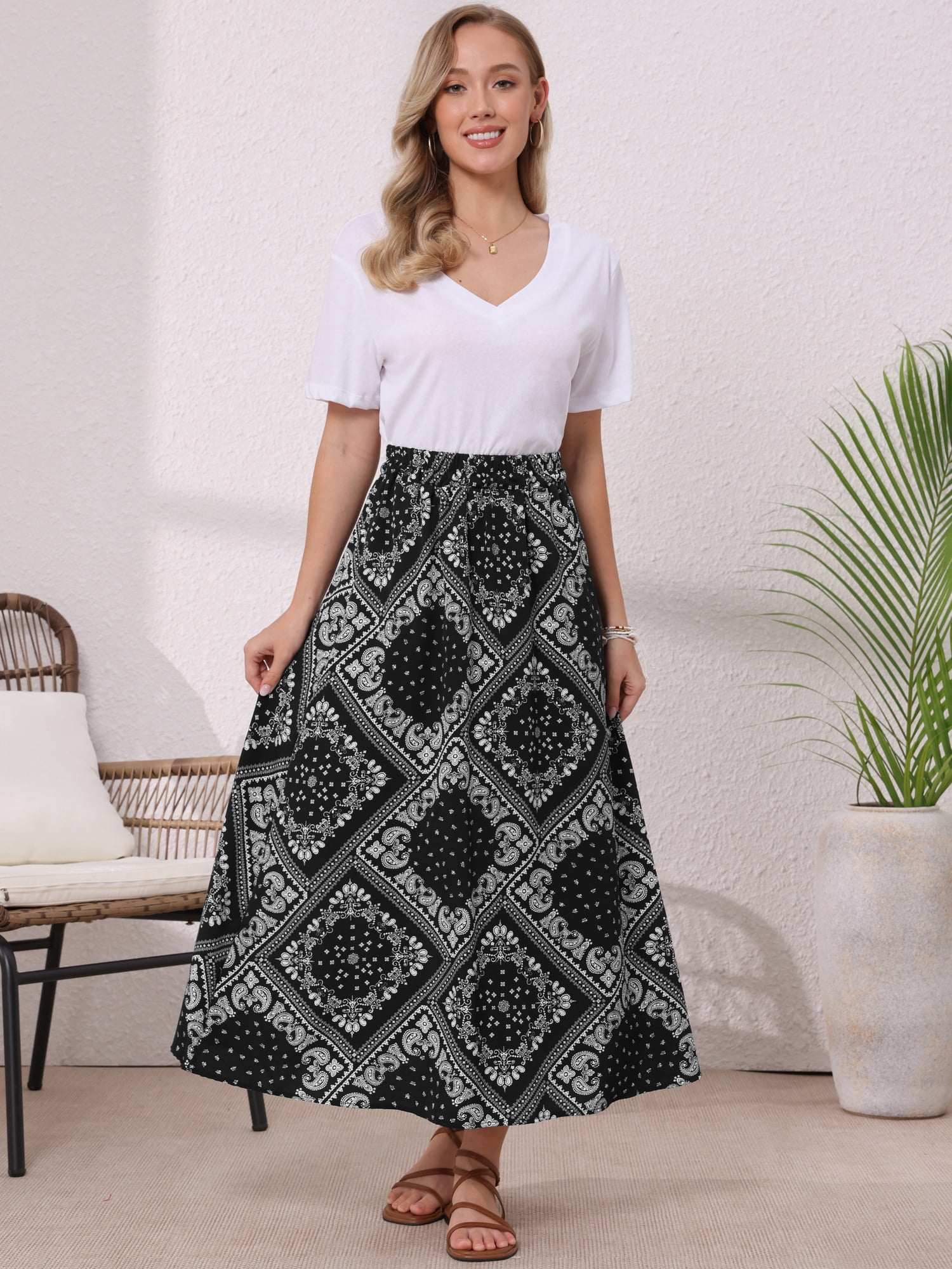 DARING DIVA Women's Paisley Print Elastic Boho Flowy Beach Skirt Medium Black