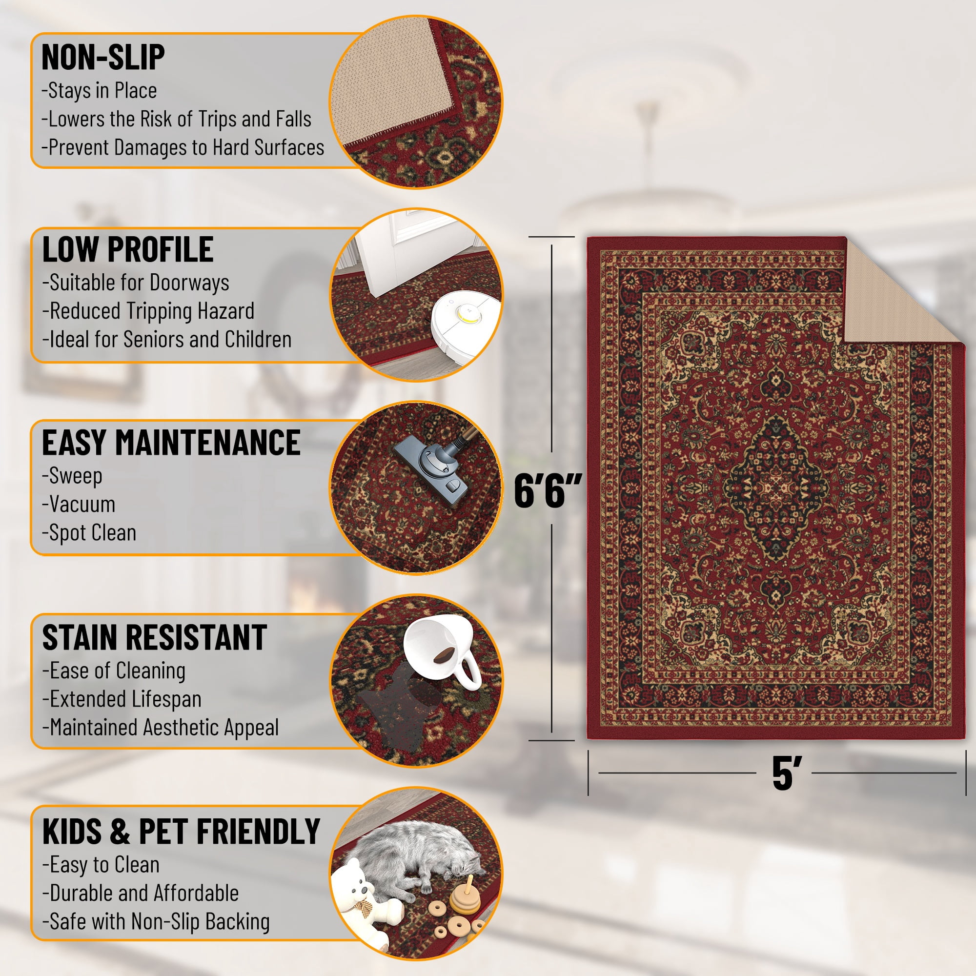 Ottomanson Medallion Area Rug 5' x 6'6" - Non Slip Low Pile Carpet, Red