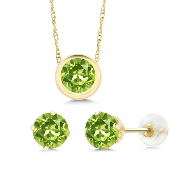 Gem Stone King 14K Yellow Gold Green Peridot Pendant and Earrings Jewelry Set for Women (2.55 Cttw, Gemstone Birthstone, Round 6MM, with 18 inch Chain)