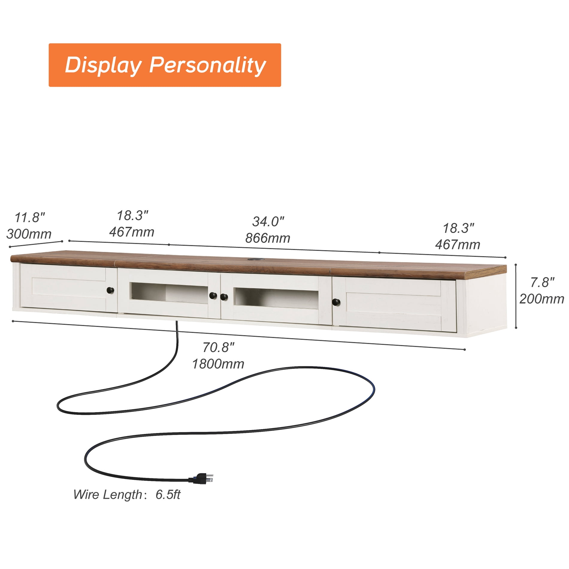 Wooden Wall-Mounted TV Shelf with Charging Station，White