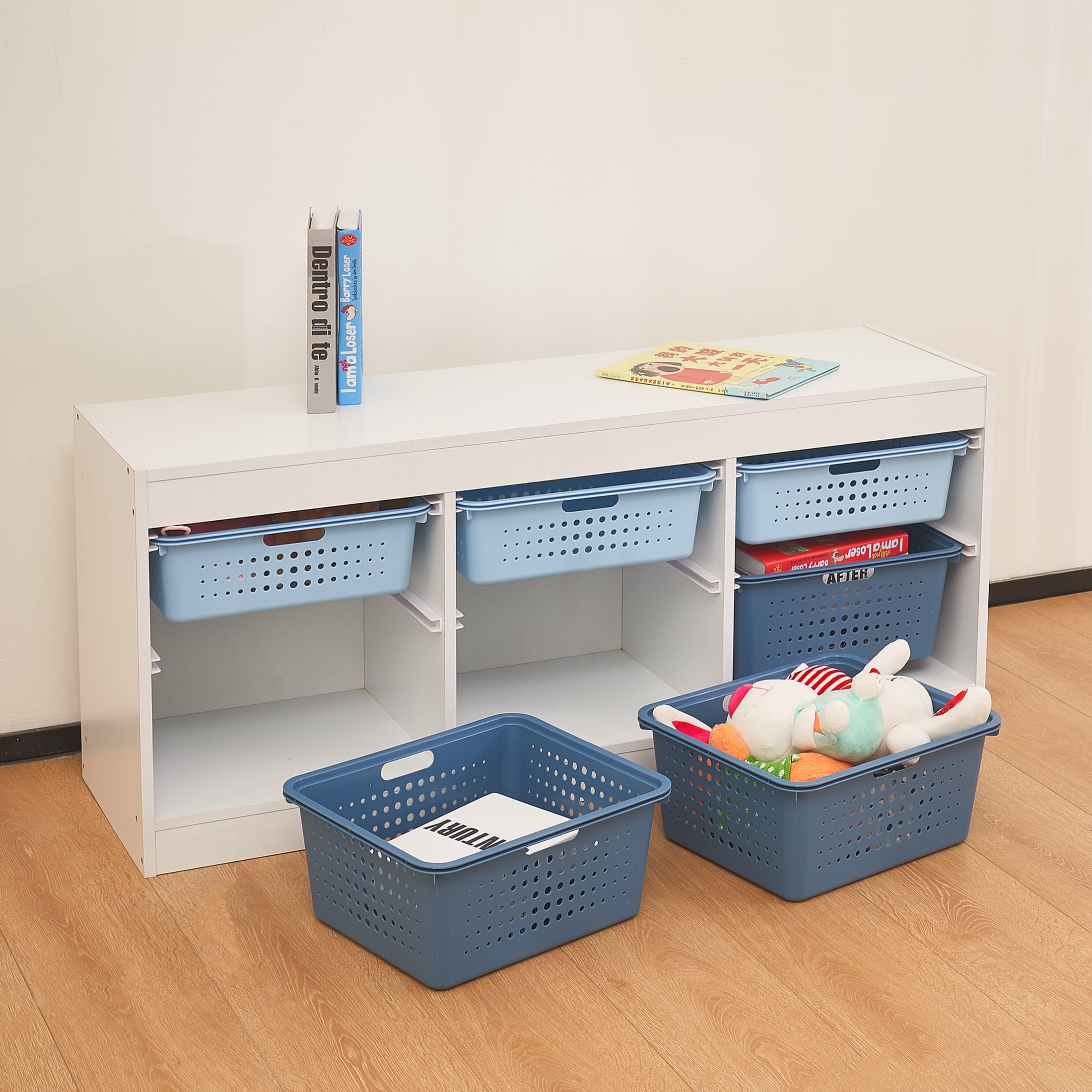 Your Zone Wooden Kids Horizontal Sliding Bin Organizer with 6 Storage Bins, Blue, Age 3+