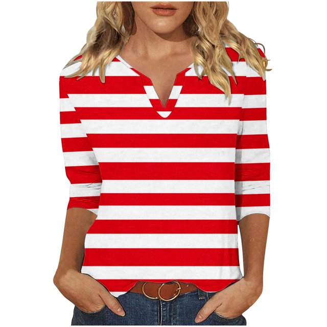 Hauts pour Femmes, Blouses pour Femmes, Blouses Décontractées Mode pour Femmes, T-Shirt Imprimé à Rayures Manches 3/4 Col en V, Hauts Manches 3/4 pour Femmes, Hauts Décontractés pour Femmes