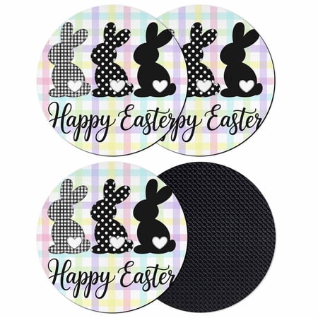 Happy Easter Coasters Set of 4 Absorbent Coasters for Drinks Black White Polka Dots Rabbits Colorful Plaid Coaster for Desk Coffee Table Protection Home Decor House Warming Gifts 4