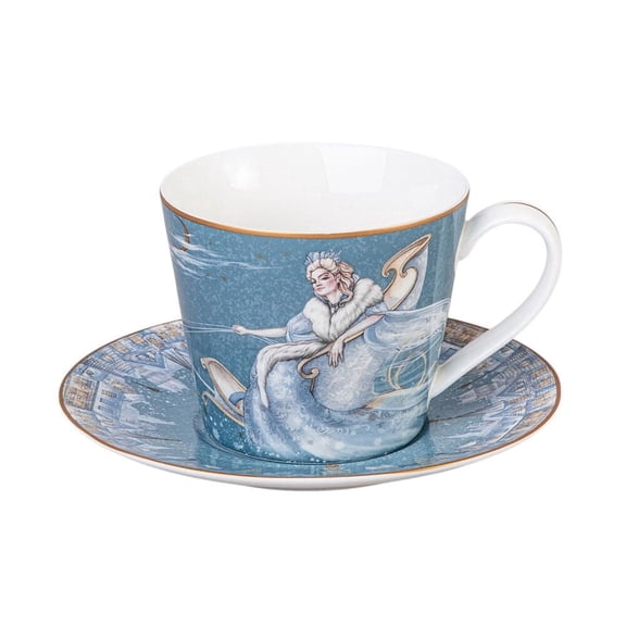 STPgoods Winter Fairytale Porcelain Tea Cup and Saucer Set 10.1 fl oz (300 ml) Queen Kitchen Teacup Cup & Saucer Set Tea and Coffee Cup, Blue White Gold