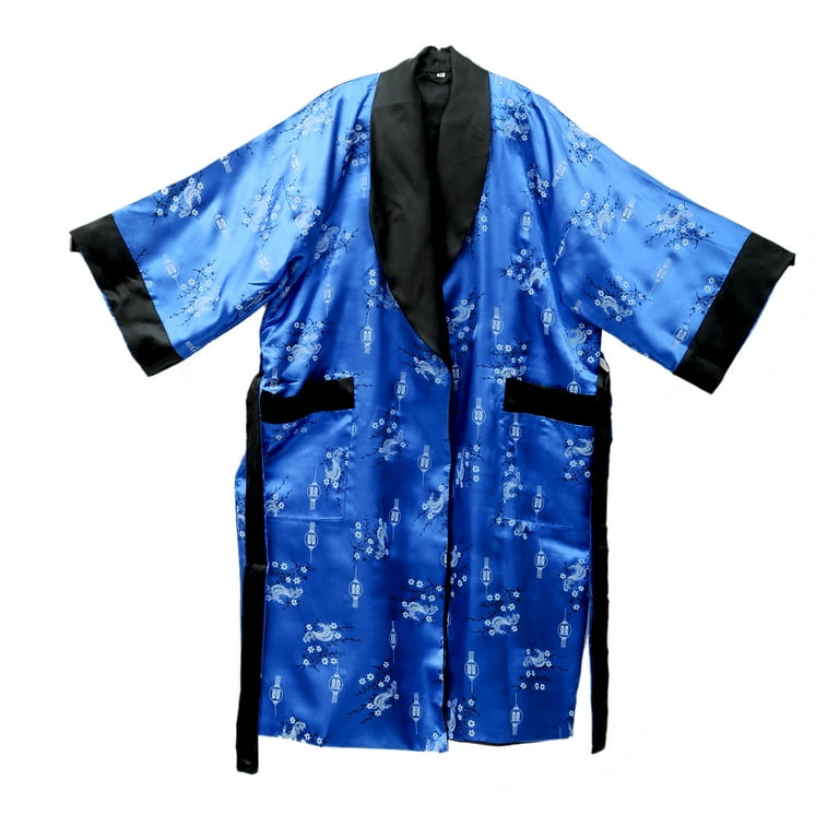 Reversible Thai Silk Unisex Classic Kimono Gown Bath Robe Pajamas Sleepwear Blue