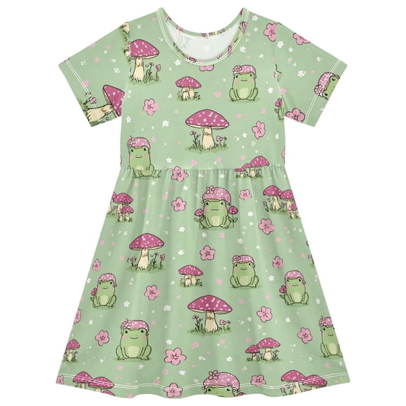 Frog with Mushroom Head Short Sleeve Dress A-Line Cute Midi Casual Sundress 2-8 Years