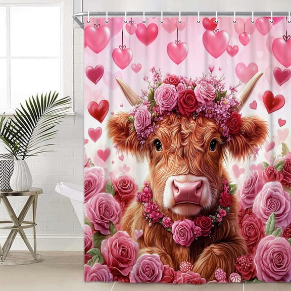 Valentines Day Shower Curtain, Cute Highland Cattle Roses Flowers Bath Curtain, Modern Farmhous Pink Art Waterproof Fabric with Hooks Shower Cutain Sets, 36X72in