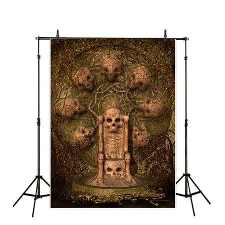 HelloDecor Polyster Halloween 5x7ft Theme terror party Backdrop background Computer Printed photography skull head altar Skeleton Rune throne photo studio backdrops prop wallpaper mural