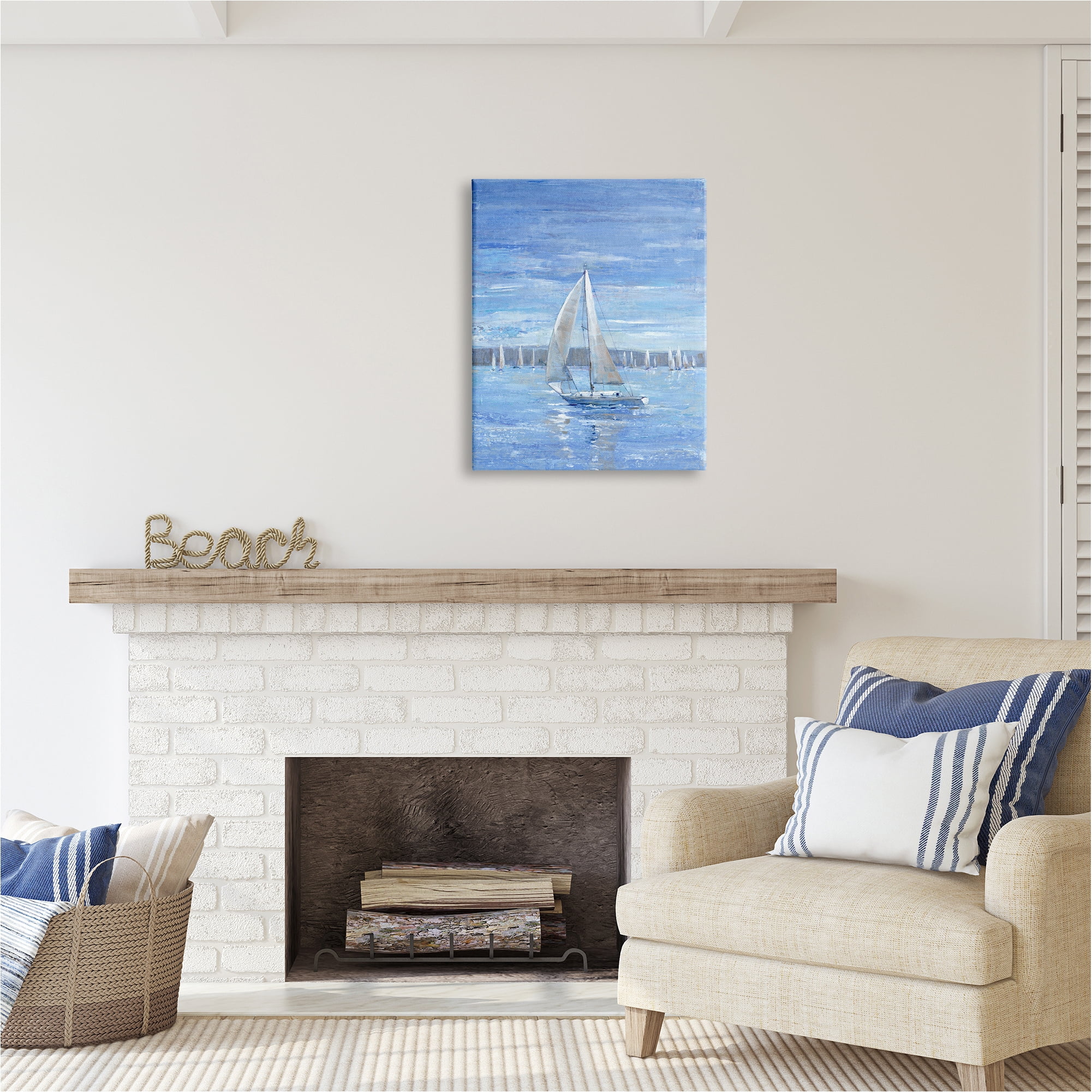 Stupell Industries Blue Sailboat Painting Transportation Painting Gallery Wrapped Canvas Art Print Wall Art, 24 x 30