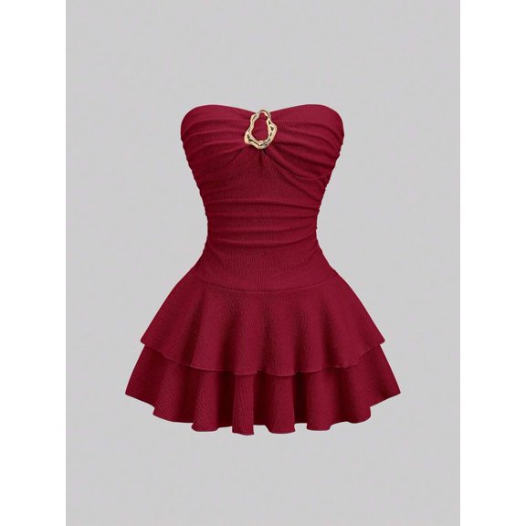 Women's Elegant Strapless Double Layer Ruffle Mini Dress, Red, Sizes L-M