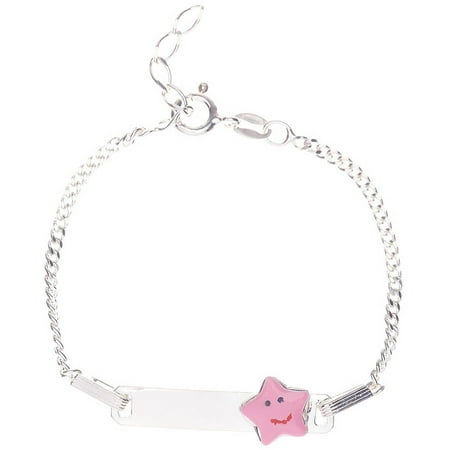 Pori Jewelers Sterling Silver ID Bracelet with Pink Enamel Star Charm, 6" Cuban Chain