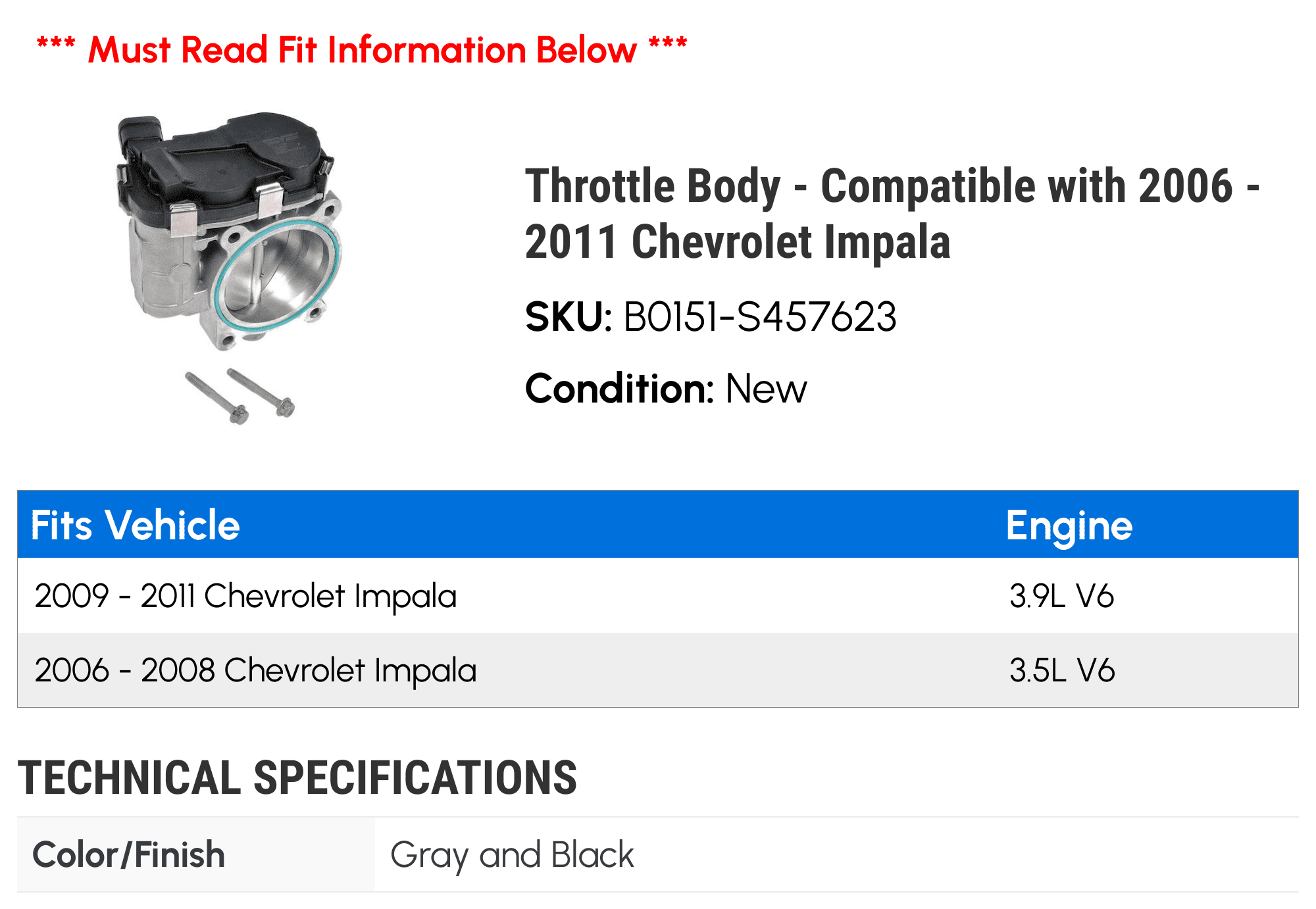 Throttle Body - Compatible with 2006 - 2011 Chevy Impala 2007 2008 2009 2010