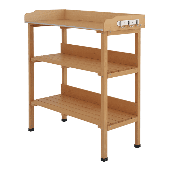 Natural Wood Outdoor Potting Bench with Metal Tabletop & Storage Shelves - 35" Garden Work Station for Patio, Lawn & Backyard Use