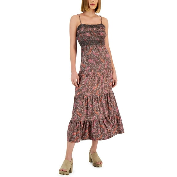 Lucky Brand Women's Paisley Print Embroidered Cotton Cut-out Tie Back Tired Maxi Dress (Black, M)