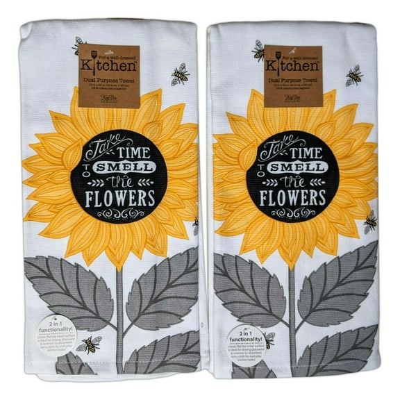 Set of 2 JUST BEES Sunflower Smell Flowers Terry Kitchen Towels, Kay Dee Designs