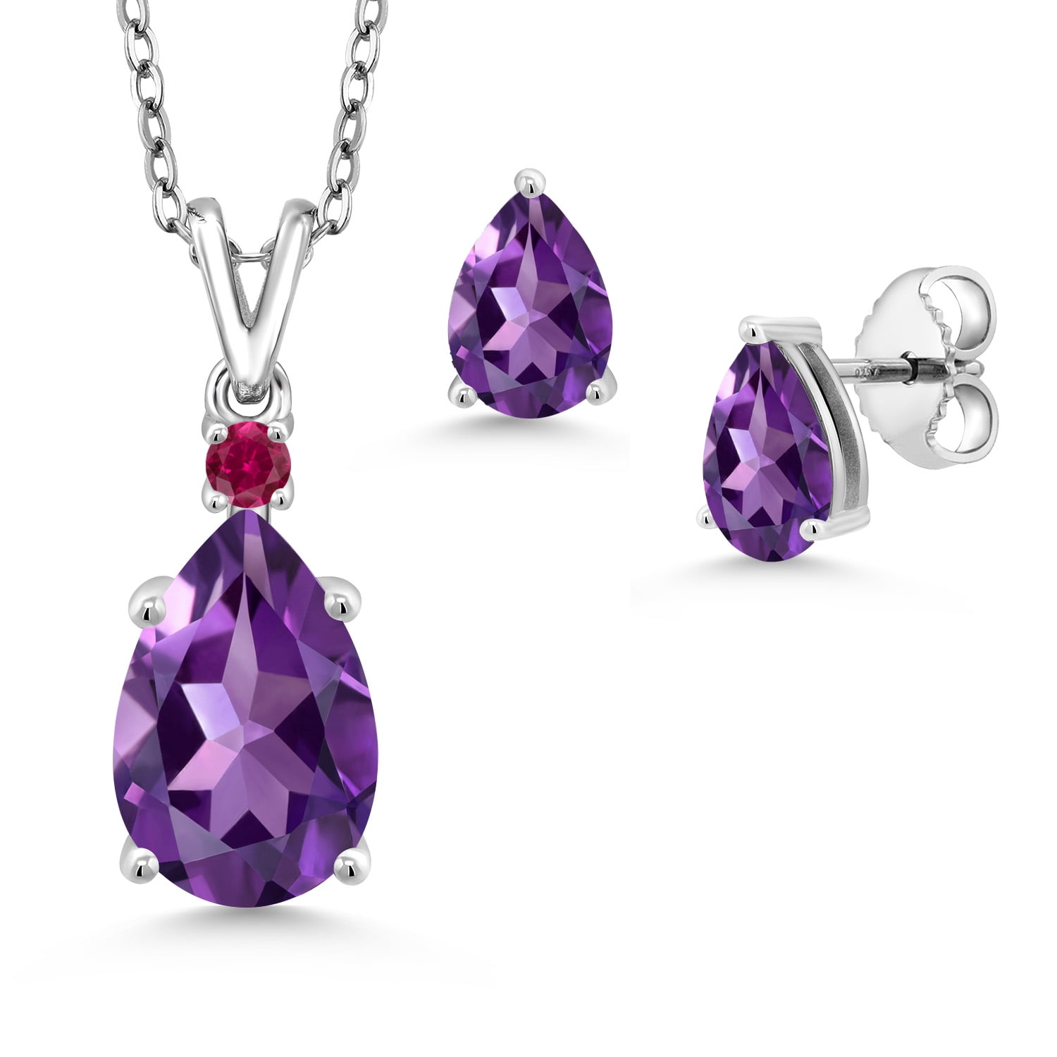 925 Sterling Silver Purple Amethyst and Red Created Ruby Pendant and Earrings Jewelry Set for Women | 3.99 Cttw | Gemstone February Birthstone | Pear Shape 12X8MM and 7X5MM | with 18 inch Chain