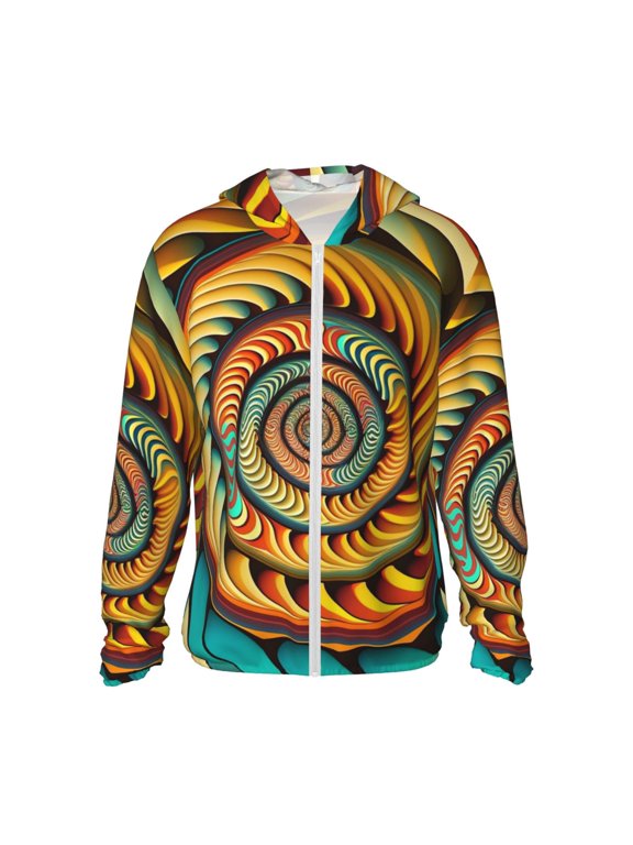 Women Men Sun Protection Hoodie Jacket Zip Long Sleeve Shirt Hiking Outdoor , Spiral Trippy Illusion Optical Psychedelic