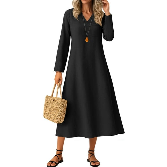 Bzhegqhd Womens Dresses Casual V-Neck Long Sleeve Dress Solid Color Everyday Comfort Knit Tunic Lounge Around House Dress Stretchy Bodycon Midi Length