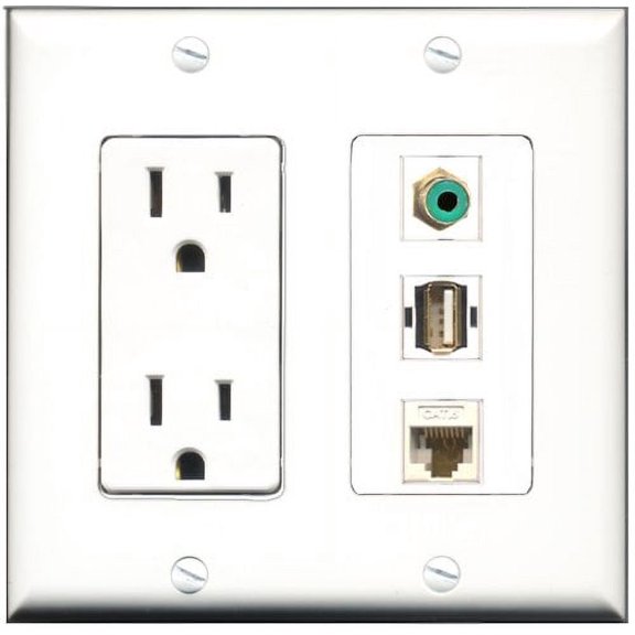 RiteAV - 15 Amp Power Outlet 1 Port RCA Green 1 Port USB A-A 1 Port Cat6 Ethernet Ethernet White Decorative Wall Plate