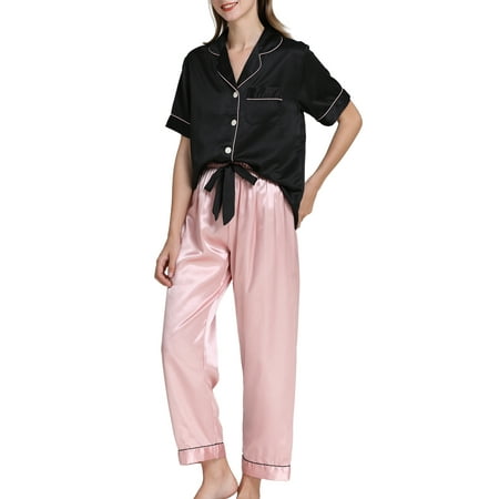 

Sexy Dance Silk Satin Loungewear Pajamas Set for Women Short Sleeve 2 Piece Cozy Pj Set Front Button Top Pants Nightwear Outfits