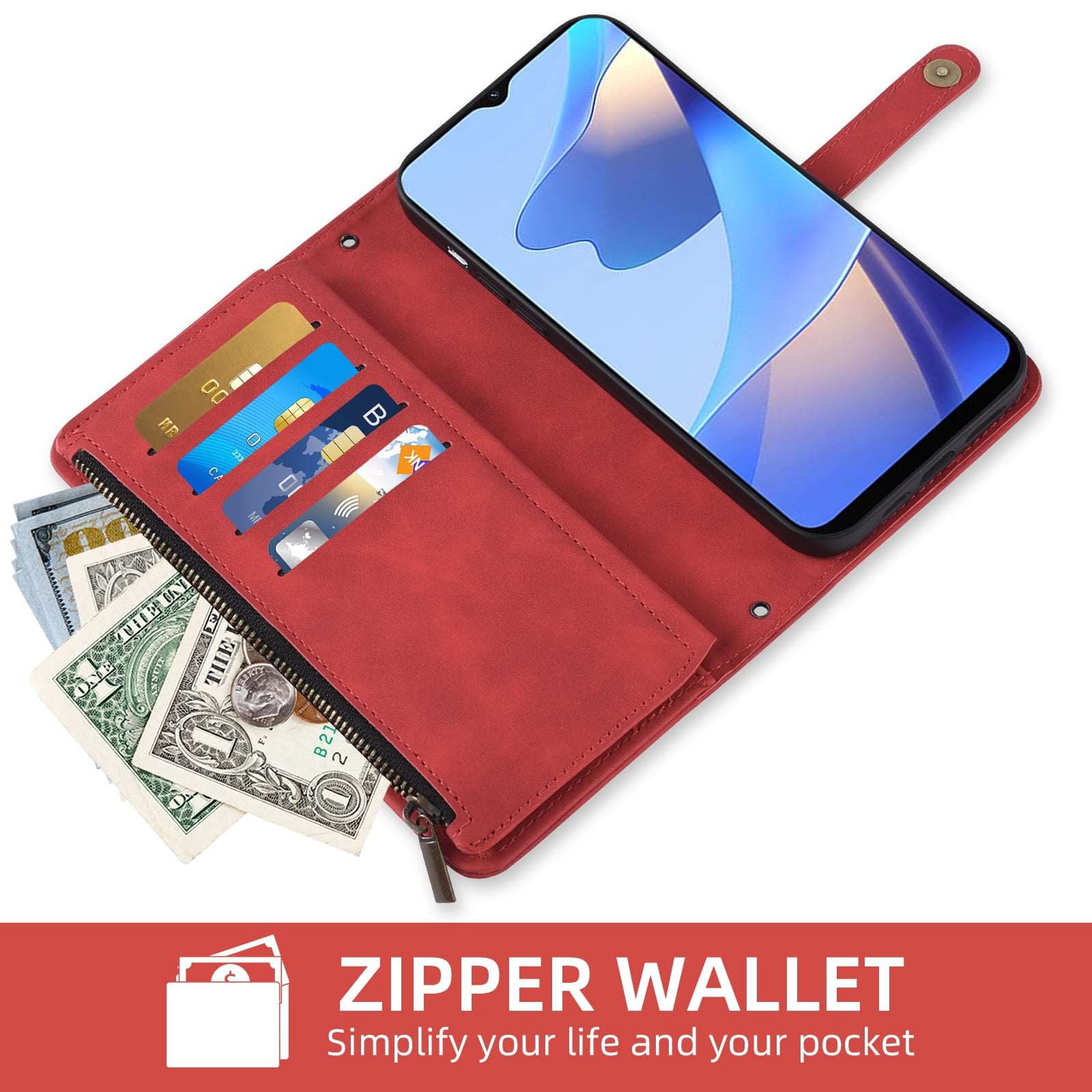 Asuwish Phone Case for Samsung Galaxy A16 5G/4G Wallet Cover With Tempered Glass Screen Protector Crossbody Wrist Strap Flip Pattern Zipper Credit Card Holder Stand Cell A 16 16A SM-A166U Women Red