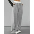 thumbnail image 5 of Women'S Contrast Color Waistband Sweatpants Wide Leg Pants with Drawstring Buckle Light Linen Gray XL, 5 of 8