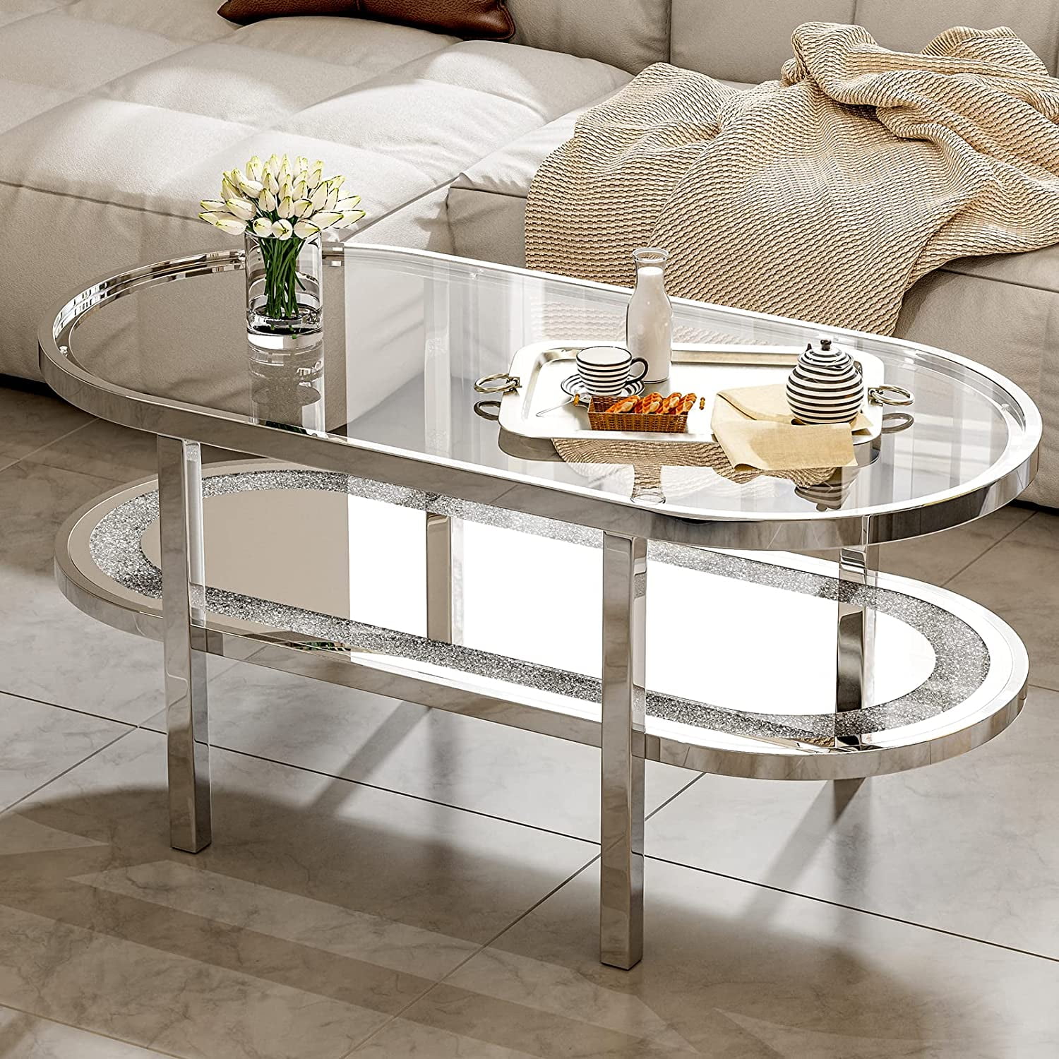 IKIFLY Glass Coffee Table with 2 Tier Glass & Mirror Crystal Boards