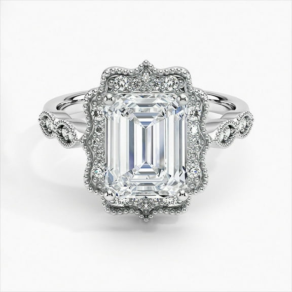 Dash Jewel Silver 14K White Gold Plated Rings - Excellent 2 Ct Emerald Cut Diamond Rings - Vintage Halo Diamond Rings for Women's -Milgrain Diamond Rings - Solitaire With Accent Diamond Rings