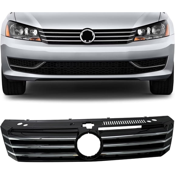 Front Upper Grille with Chrome Trim Compatible with 2012 2013 2104 2015 Volkswagen VW Passat, Front Bumper Molding Grille Replacement 561853651COQE Chrome Finish