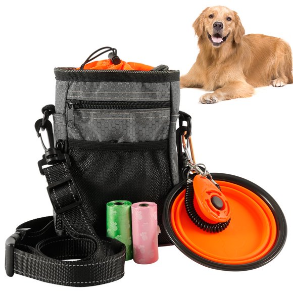 Portable Dog Treat Pouch with Shoulder Strap and Drawstring Closure for Pet Training and Walking