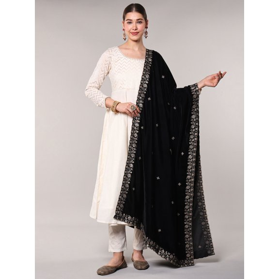 Velvet Dupatta with Zari Embroidered Floral Scalloped Border and Bootis from Amritsar Pirate Black