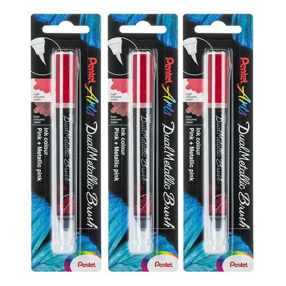 Pentel Arts DualMetallic Brush, Pink/Metallic Pink Ink, Pack of 3