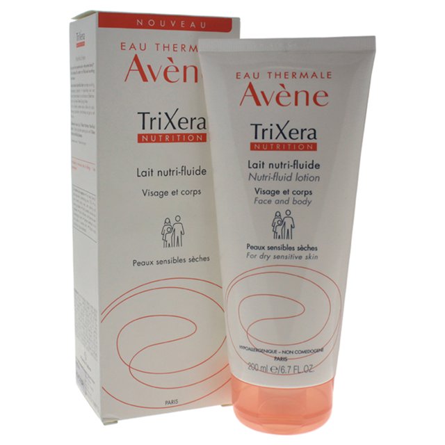 loción eau thermale avène avene trixer nutrition nutri-fluid loción dama 6.7oz Producto de importación, tubo y caja mostrados; loción fluida sin perfume para rostro y cuerpo indicada para pieles sensibles secas a muy secas, envase blanco con texto rojo y tapa rosada, textura untuosa para aplicación rápida; también suele usarse como hidratante corporal diario.