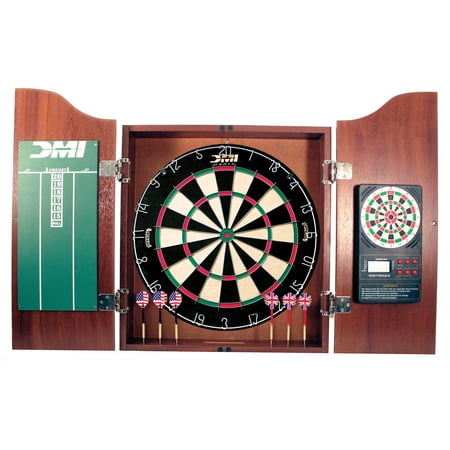 DMI Sports Deluxe Bristle Dartboard Cabinet Set with Electronic Scorer Includes 2 Dart Sets and a Chalk Scoreboard – Light